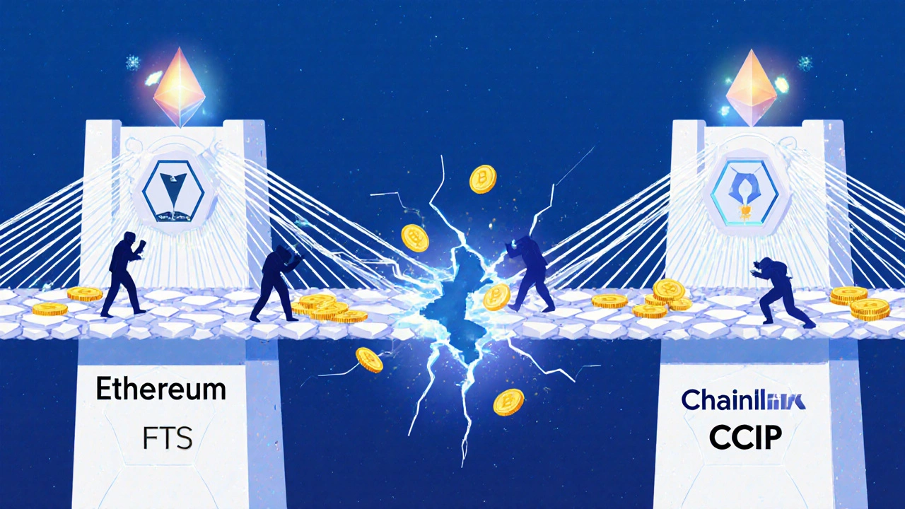 Puente digital entre dos blockchains, con activos fluyendo por un camino seguro mientras hackers intentan atacar una versión centralizada.