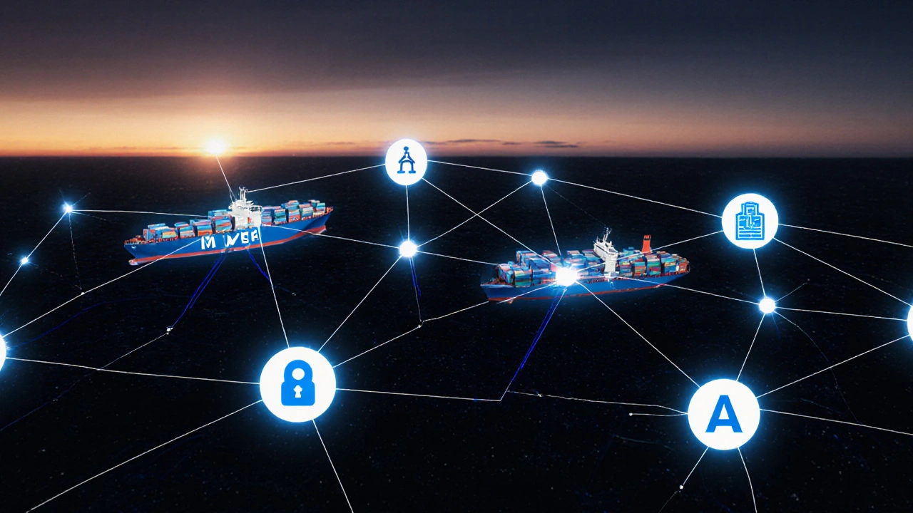 Red global de nodos interconectados representando adopción empresarial de interoperabilidad en logística, identidad y finanzas.