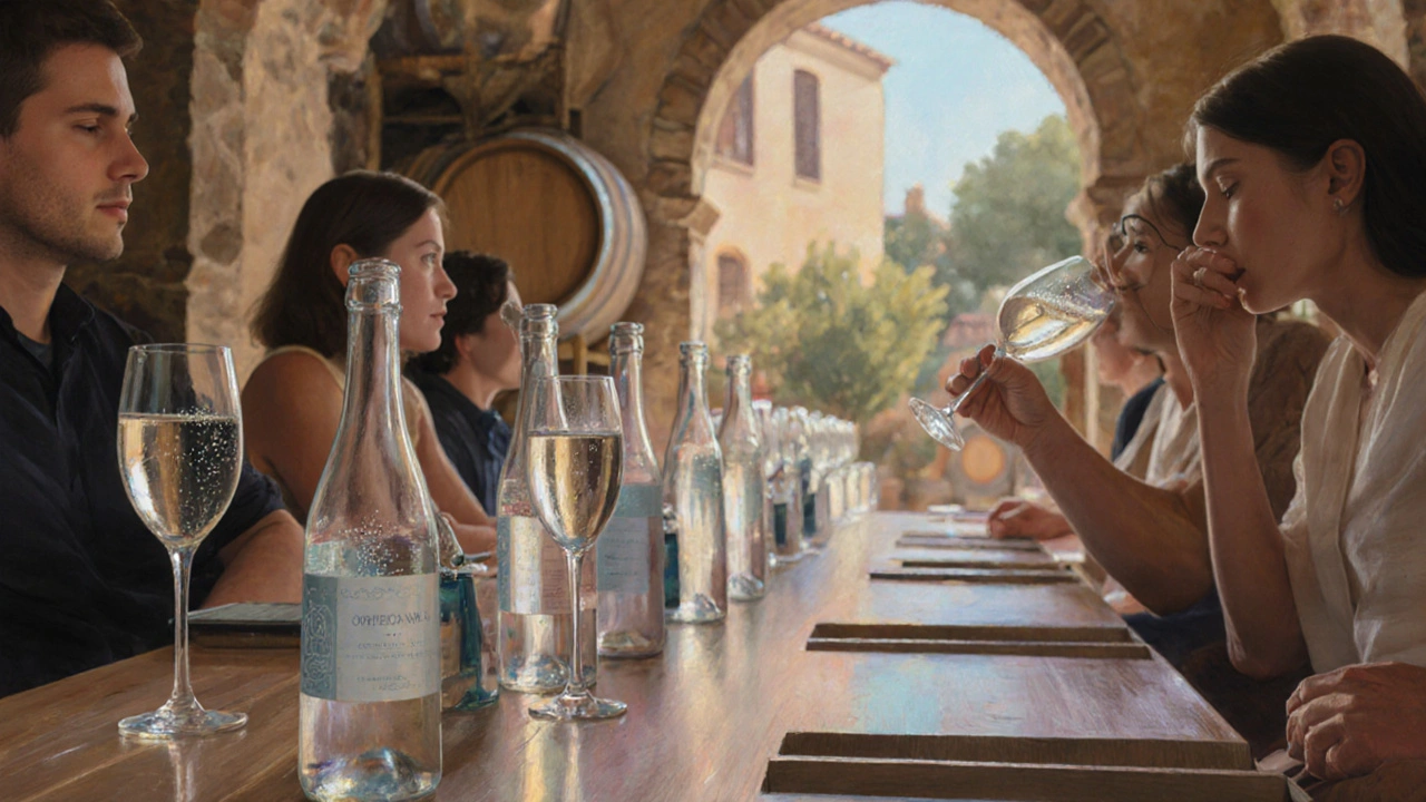 Sala de cata de vino en una bodega española, invitados bebiendo agua entre degustaciones.