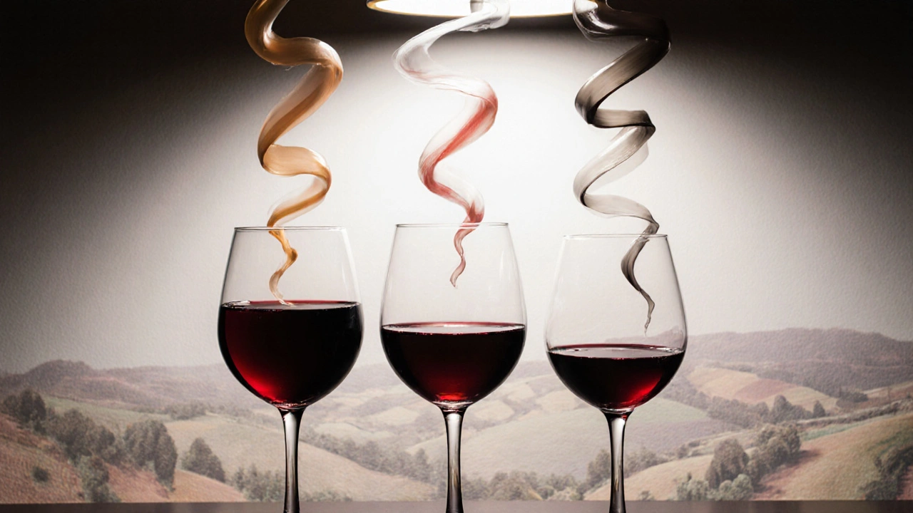 Tres copas de vino llenas hasta un tercio, con nubes de aroma flotando encima, iluminadas por una lámpara.