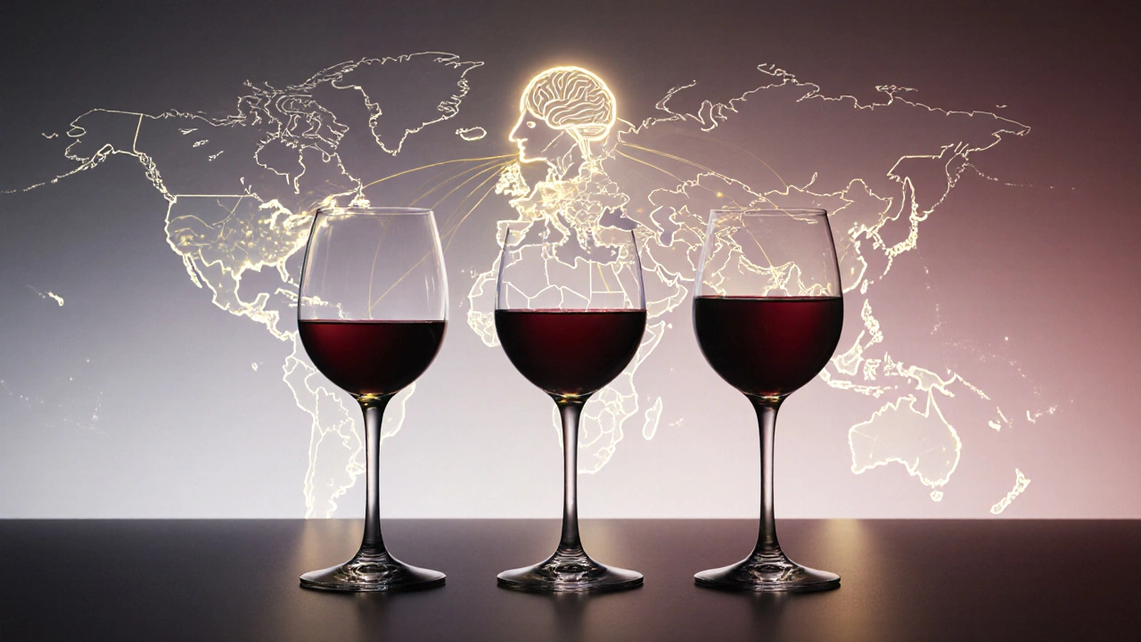 Tres copas Riedel conectadas por hilos dorados a un cerebro, símbolo de su diseño universal.