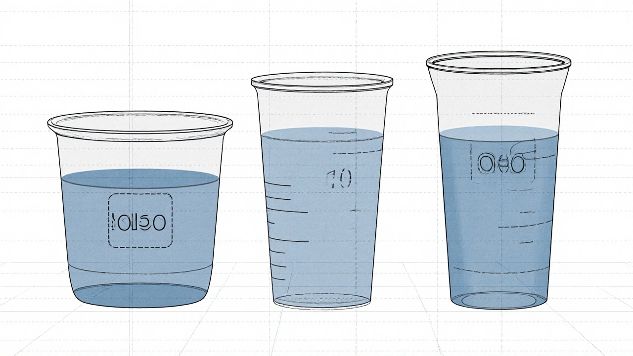 Tres diseños distintos de vasos número 10 con niveles de agua iguales, mostrando que la forma varía pero la capacidad es la misma.