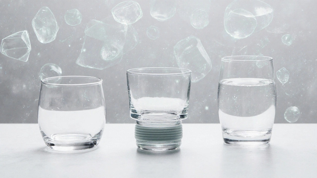 Tres tipos de vasos de vidrio modernos: uno para bebidas calientes, otro reciclado y uno simple, con fondo digital abstracto.