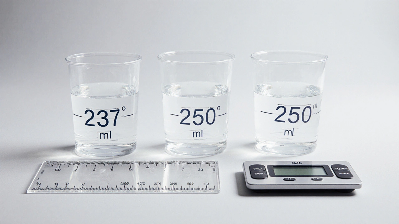 Tres vasos de plástico comparados: uno etiquetado como 8 oz, otro como 250 ml y uno sin etiqueta.
