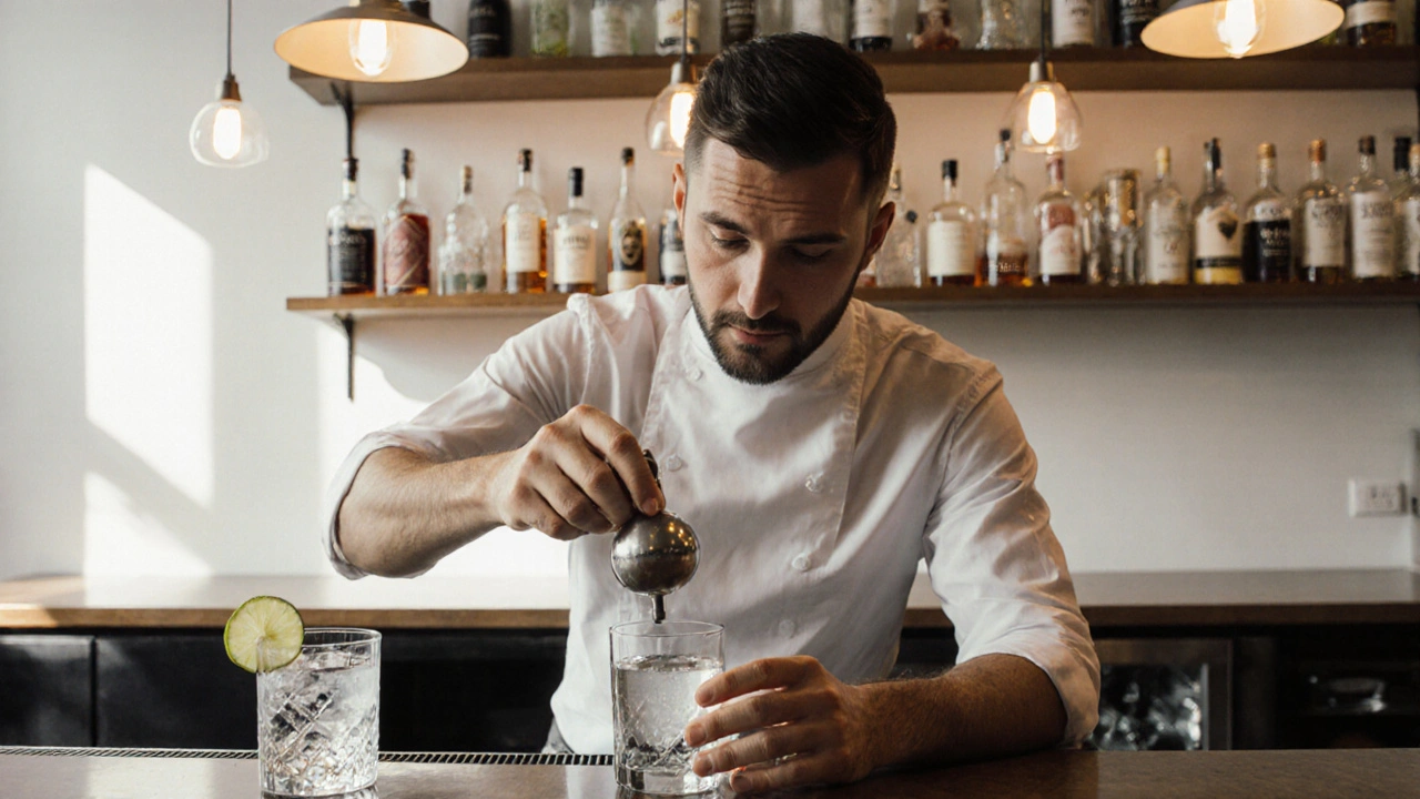 Un barman mide gin con un jigger mientras un vaso pony está listo en la barra.