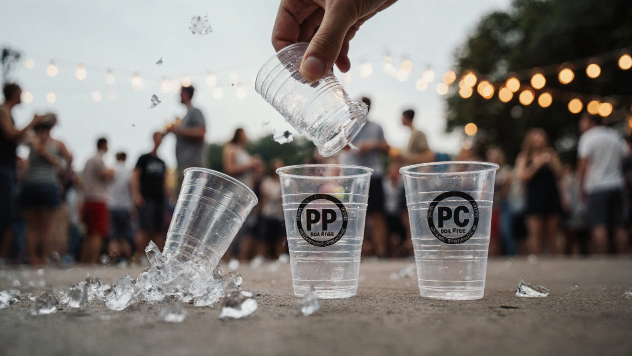 Un vaso de plástico cayendo al suelo en una fiesta al aire libre, mostrando tres resultados distintos: roto, rebotando e intacto.