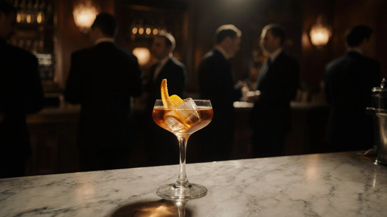 Un vaso pony con whisky y un cubo de hielo en un bar de estilo vintage.