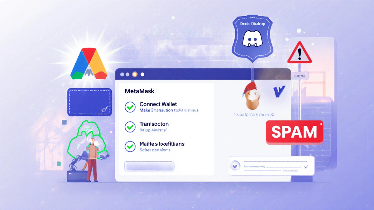 Usuario conectando su billetera a una red de prueba para un airdrop legítimo, con acciones requeridas visibles.