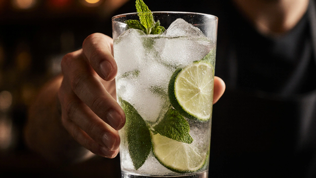 Vaso collins con mojito fresco, hierbabuena machacada y burbujas de soda.