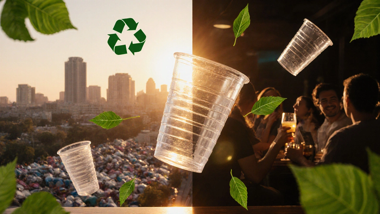 Vaso de PET girando en el aire rodeado de flechas de reciclaje y hojas, simbolizando sostenibilidad y economía circular.