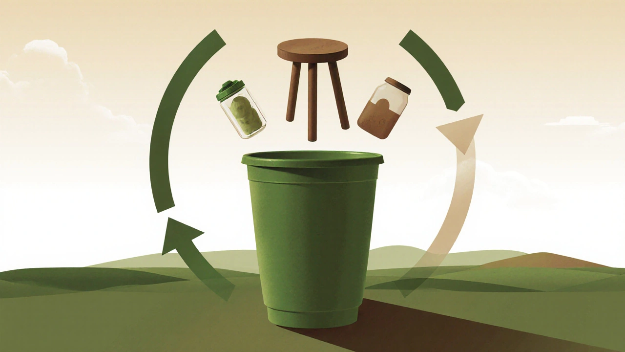 Vaso de polipropileno transformándose en productos reciclados como una silla de jardín y tapas.