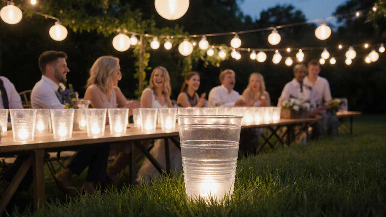Vasos de plástico resistentes en una fiesta al aire libre, uno caído pero intacto sobre la hierba.