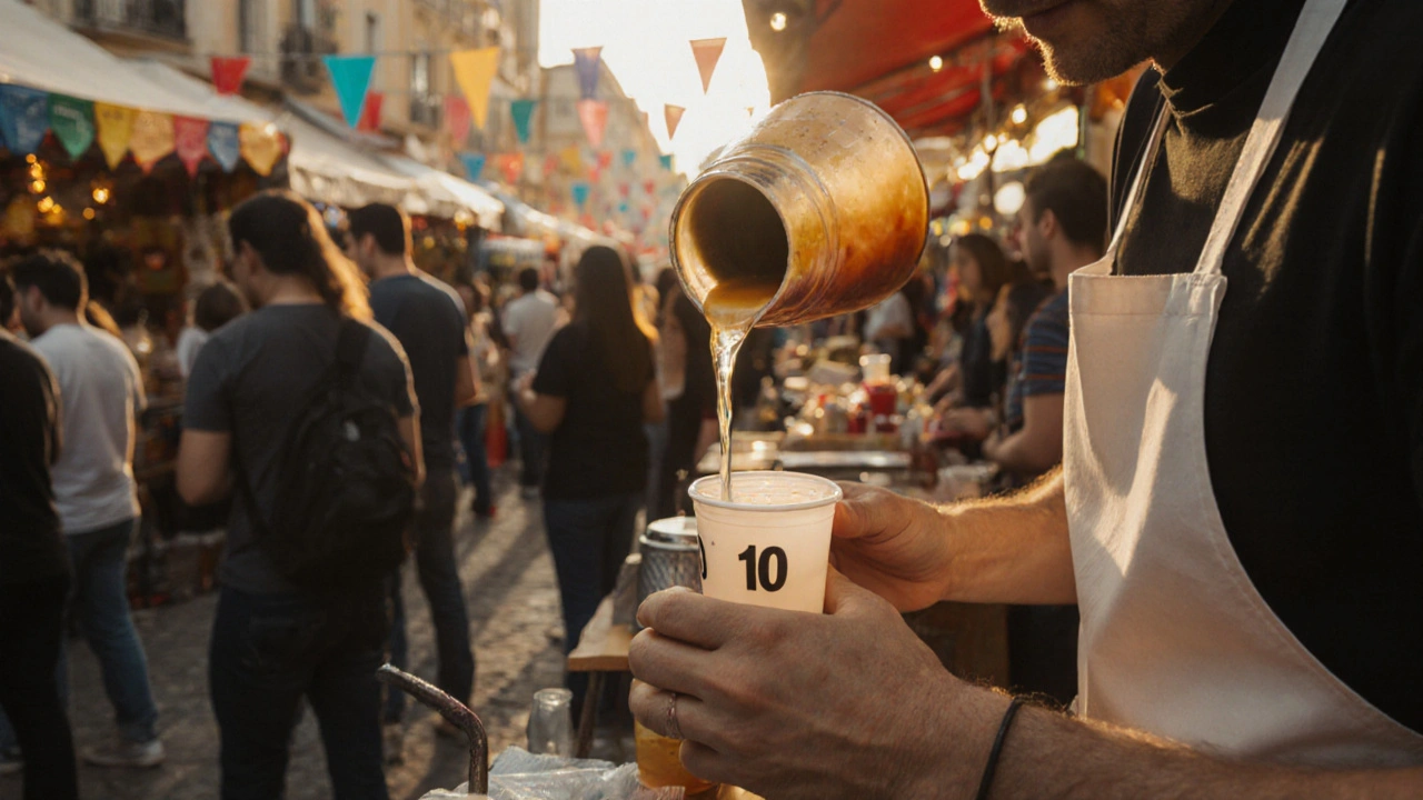 Vendedor sirviendo una bebida en un vaso número 10 en un puesto de comida durante una feria en León, España.