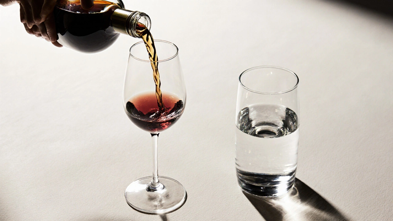 Vista superior de una copa de vino llenándose mientras una copa de agua permanece intacta al lado.