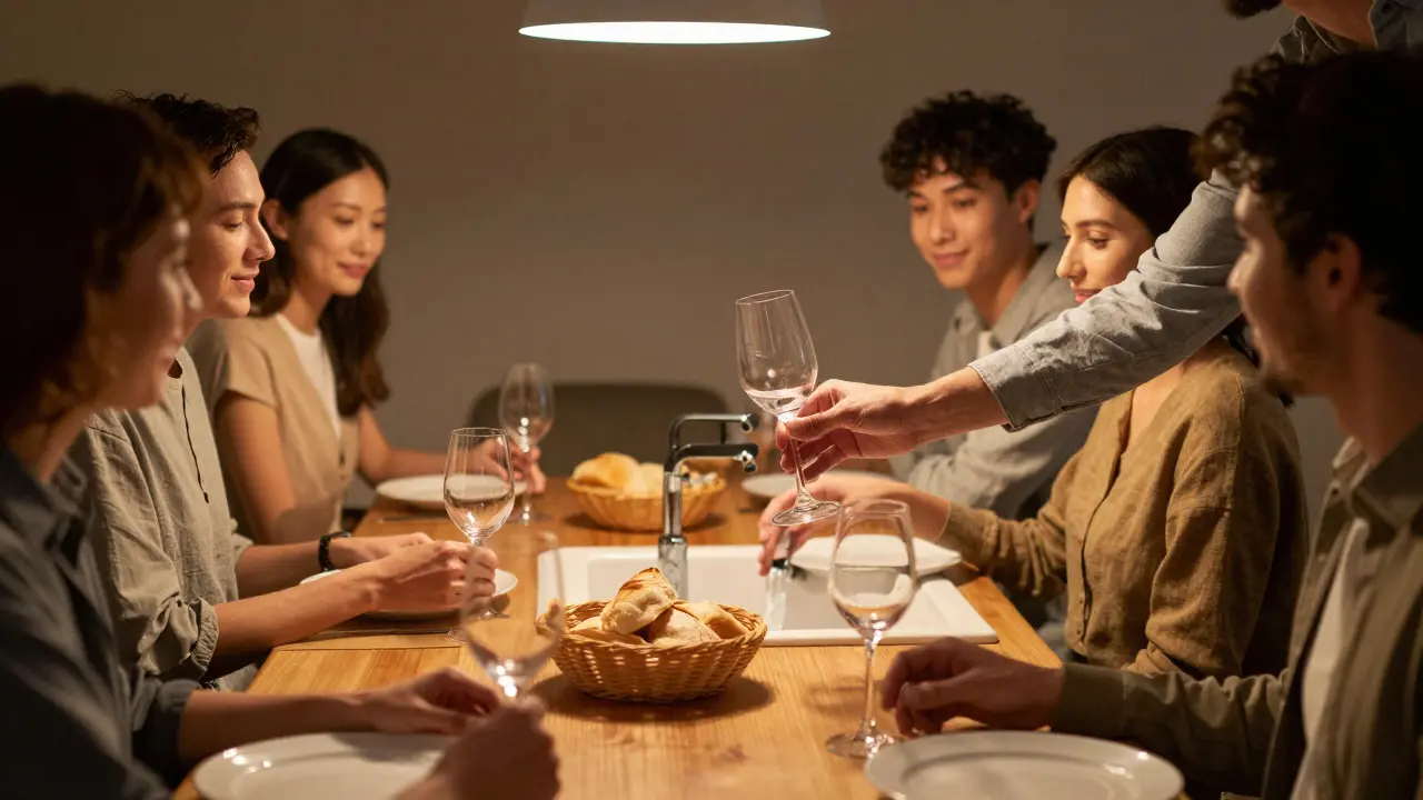 Anfitrión sirviendo vino a un invitado en una cena informal con pocas copas sobre la mesa.