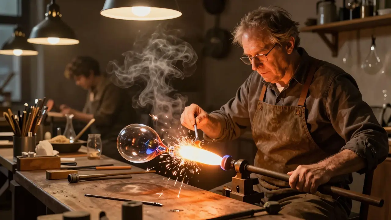 Artesano austríaco soplando cristal caliente para crear una copa de vino en un taller ancestral.