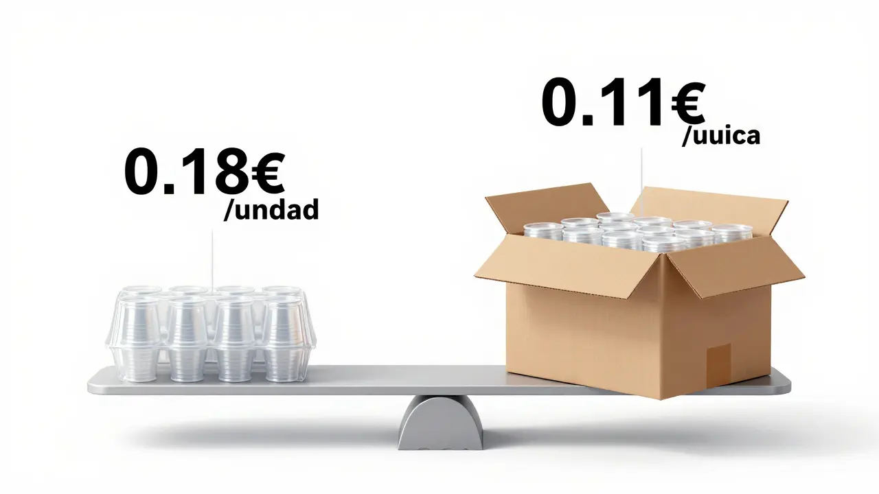 Balanza comparando precio por vaso en paquete pequeño vs caja mayorista.