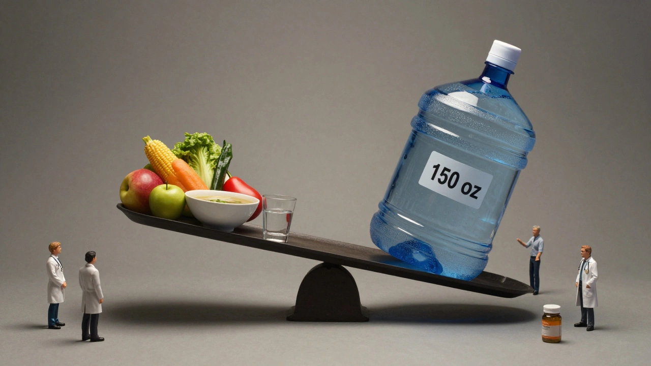 Balanza que compara hidratación natural con exceso de agua en un recipiente gigante.