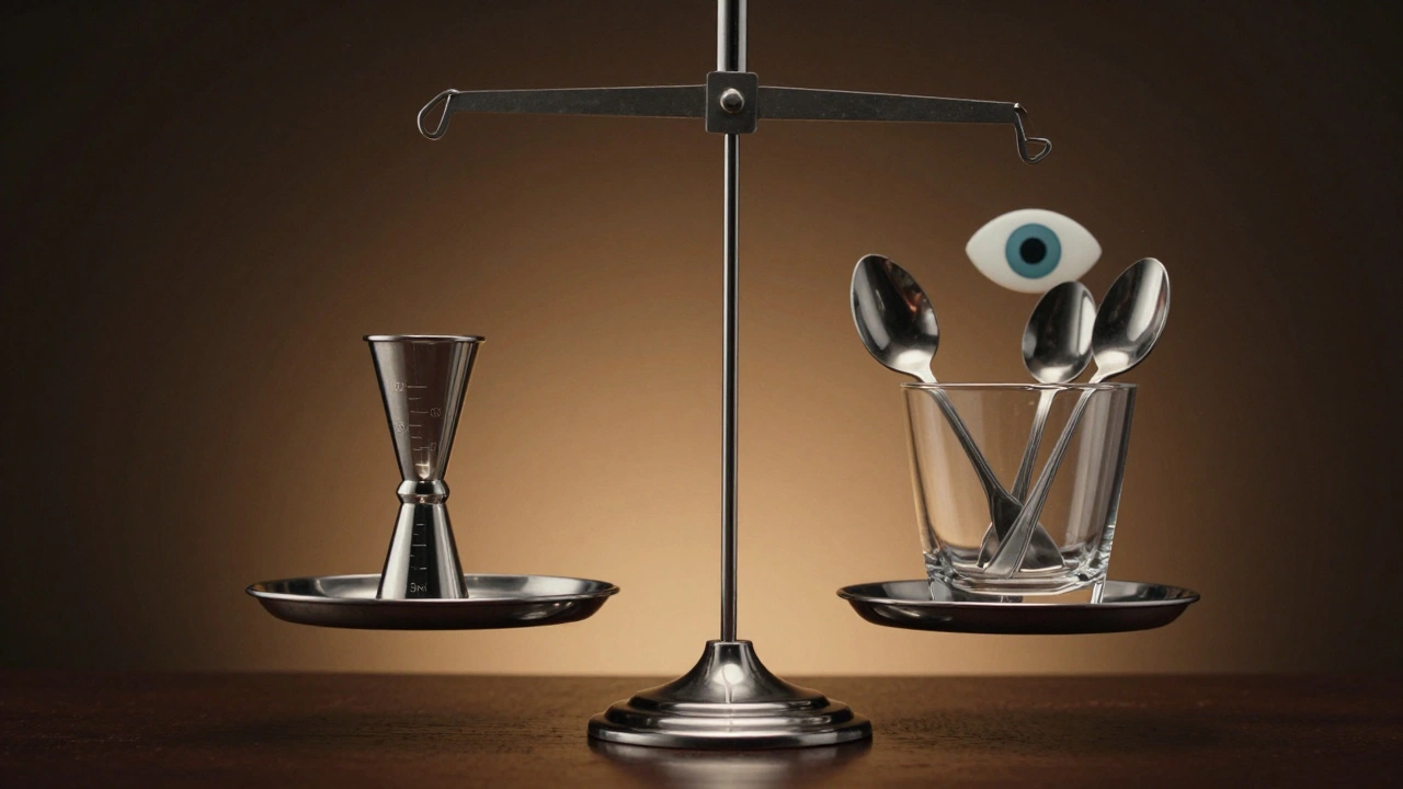 Balanza simbólica que compara precisión del jigger con medidas caseras caóticas.