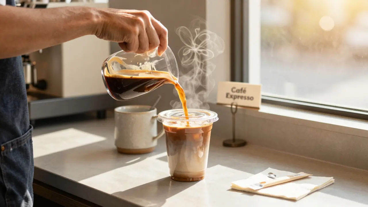 Barista sirviendo café caliente en un vaso desechable de 8oz con tapa, en una cafetería moderna.