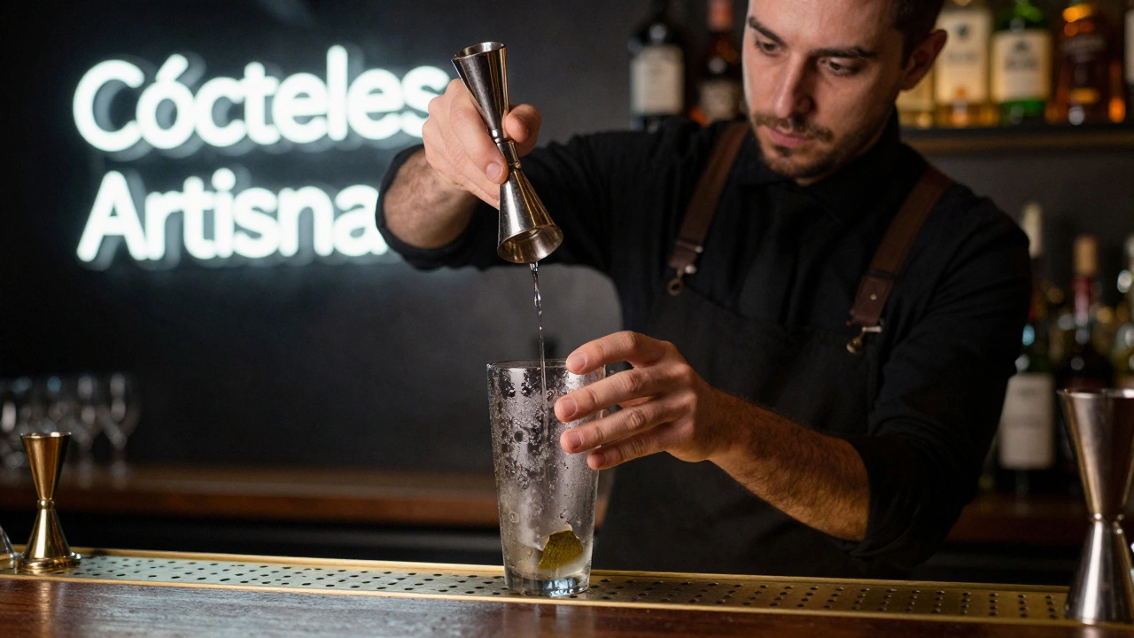 Barman midiendo líquido con precisión usando un jigger sobre la barra de un bar.