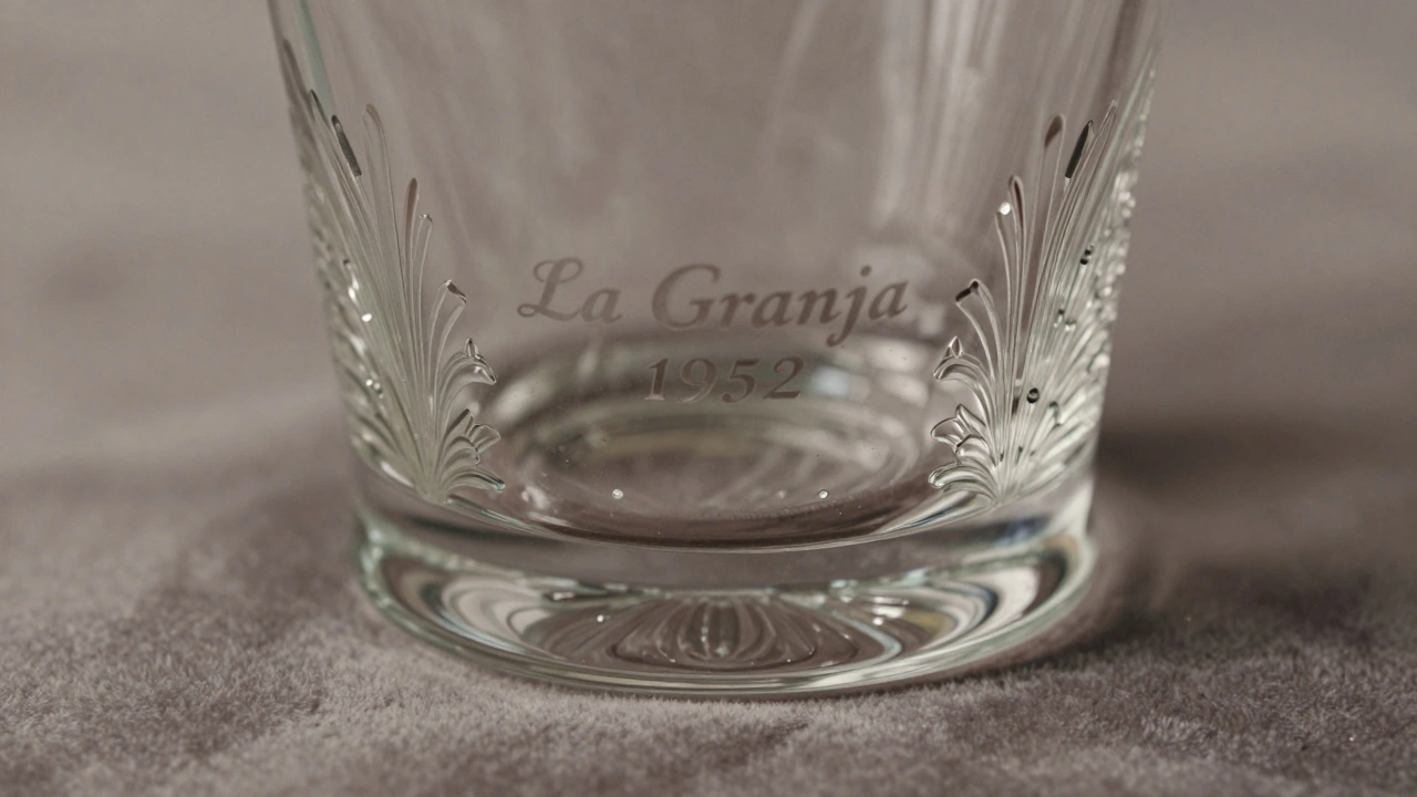 Base de copa antigua con marca &#039;La Granja&#039; y grabado Art Deco sobre tela de terciopelo desgastado.