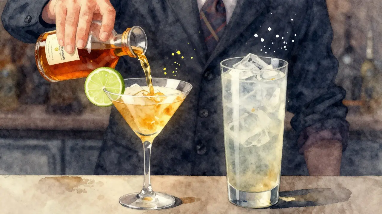 Camarero vierte un Daiquiri en un vaso Martini, mientras un vaso Highball demasiado grande parece diluido al lado.