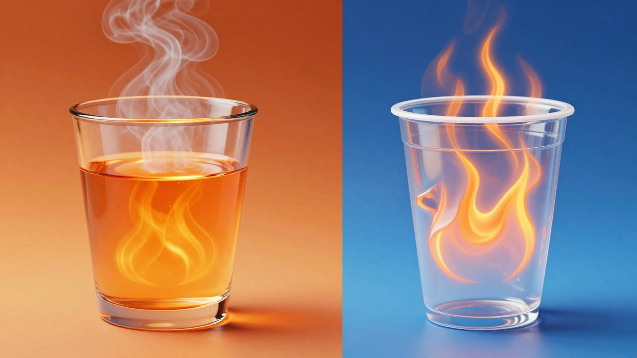 Comparación visual de cómo el vidrio y el plástico reaccionan al calor con agua caliente dentro.