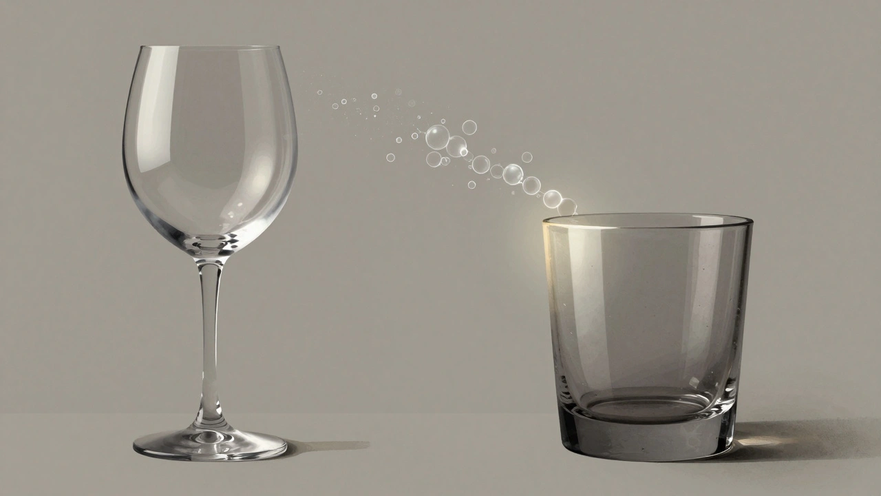 Comparación visual entre una copa de vino de cristal fino y un vaso común grueso.