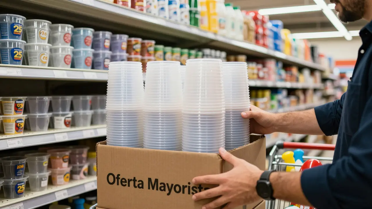 Comprador en supermercado español seleccionando cajas de 100 vasos de plástico duro en estantería de mayorista.
