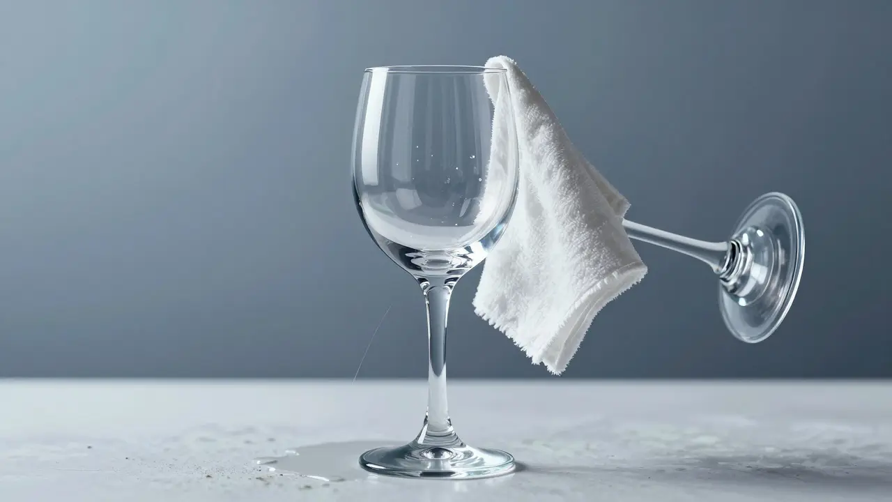 Copa de cristal seca con paño de algodón, colgada boca abajo, reflejando luz como un espejo perfecto.