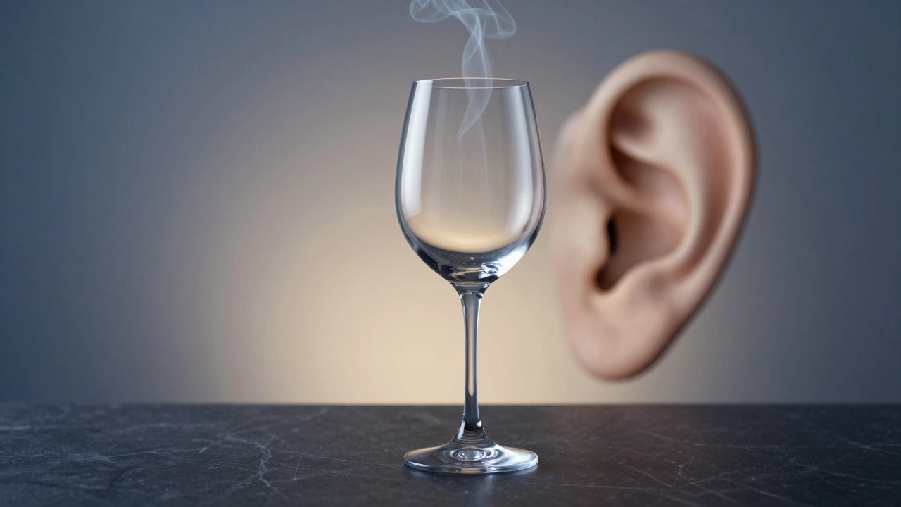 Copa de vino diseñada como una oreja humana, simbolizando la conexión entre aroma y percepción.