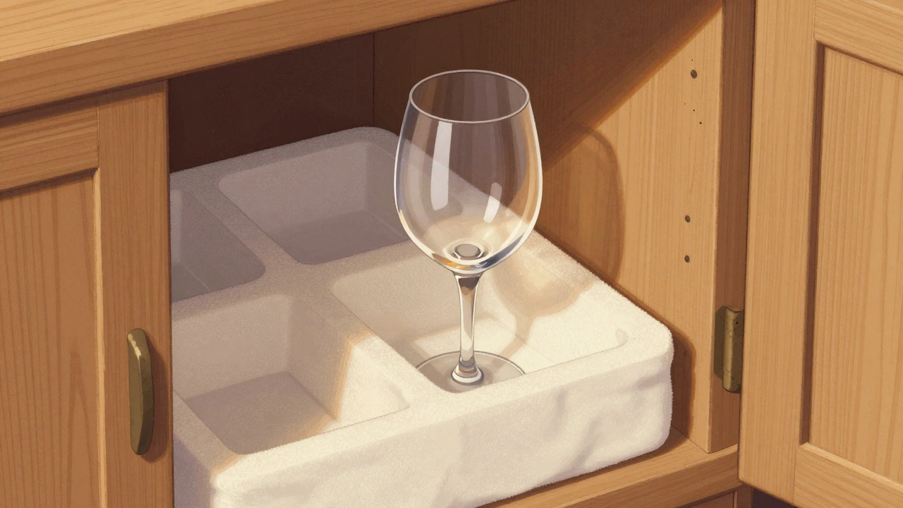 Copa de vino en una bandeja acolchada con funda de tela, guardada en un armario cerrado.