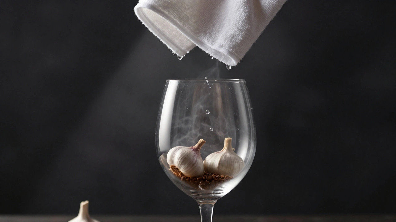 Copa de vino limpiándose de olores residuales con gotas de agua sobre un paño de microfibra.