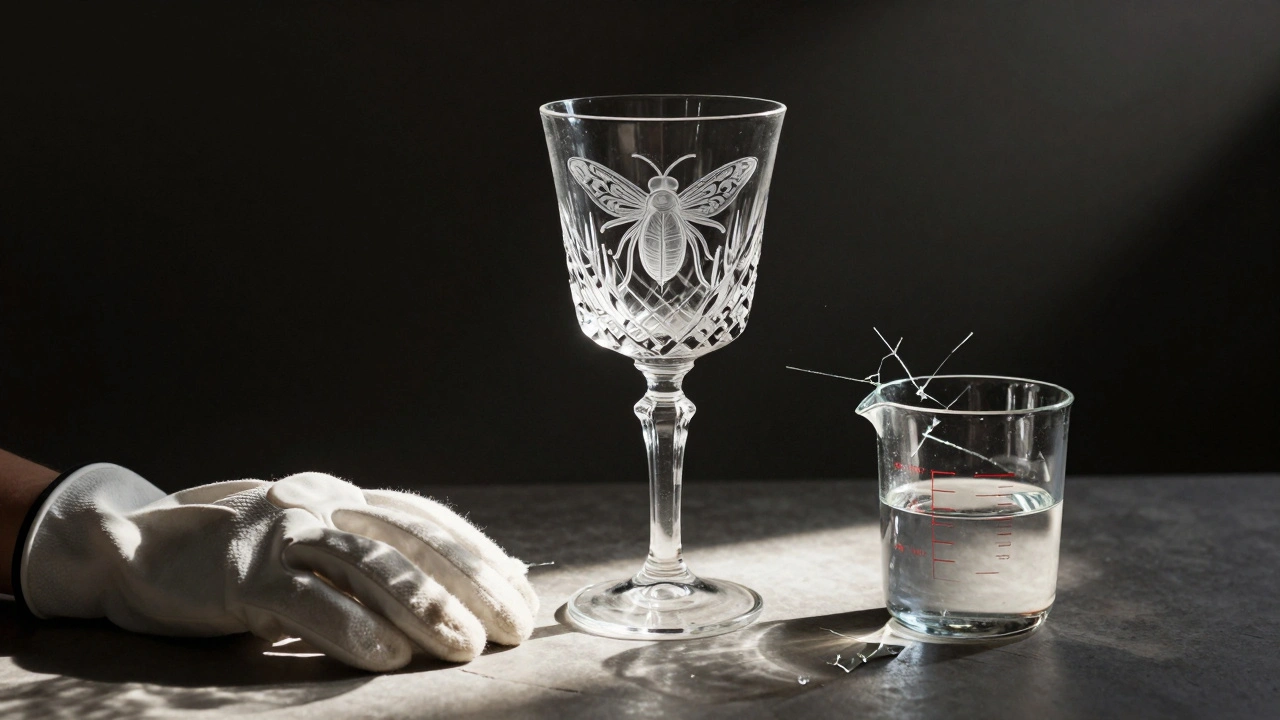 Copa Lalique con diseño de insectos flotando sobre un vaso moderno roto, iluminada por un haz de luz.