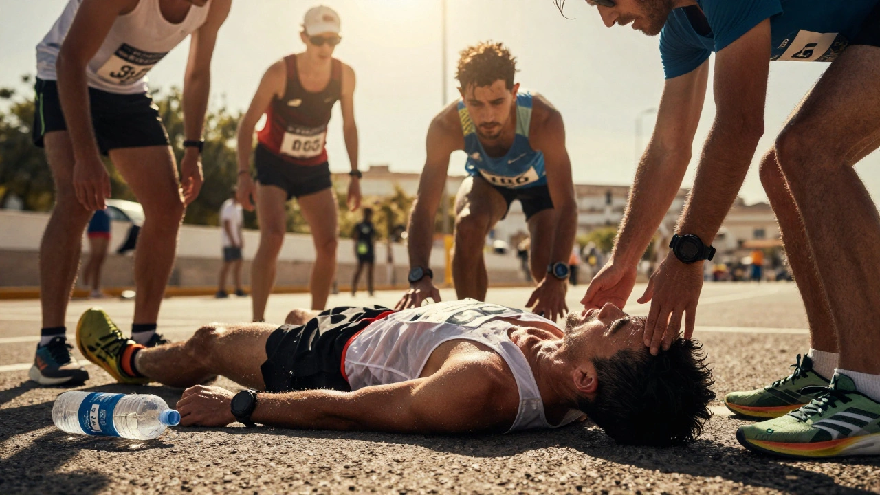 Corredor de maratón desmayado bajo el sol, con una botella de agua derramada y gente ayudando.