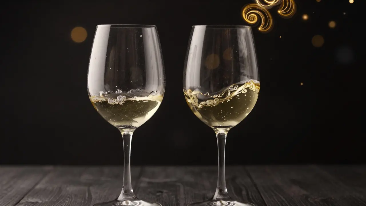 Dos copas de vino comparadas: una gruesa y otra fina, con aromas en espiral ascendiendo desde la copa precisa.