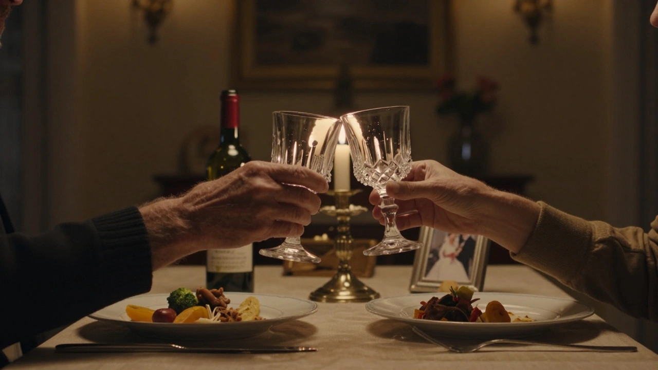 Dos manos que brindan con copas de cristal en una cena íntima, iluminadas por velas y con una foto de boda al fondo.