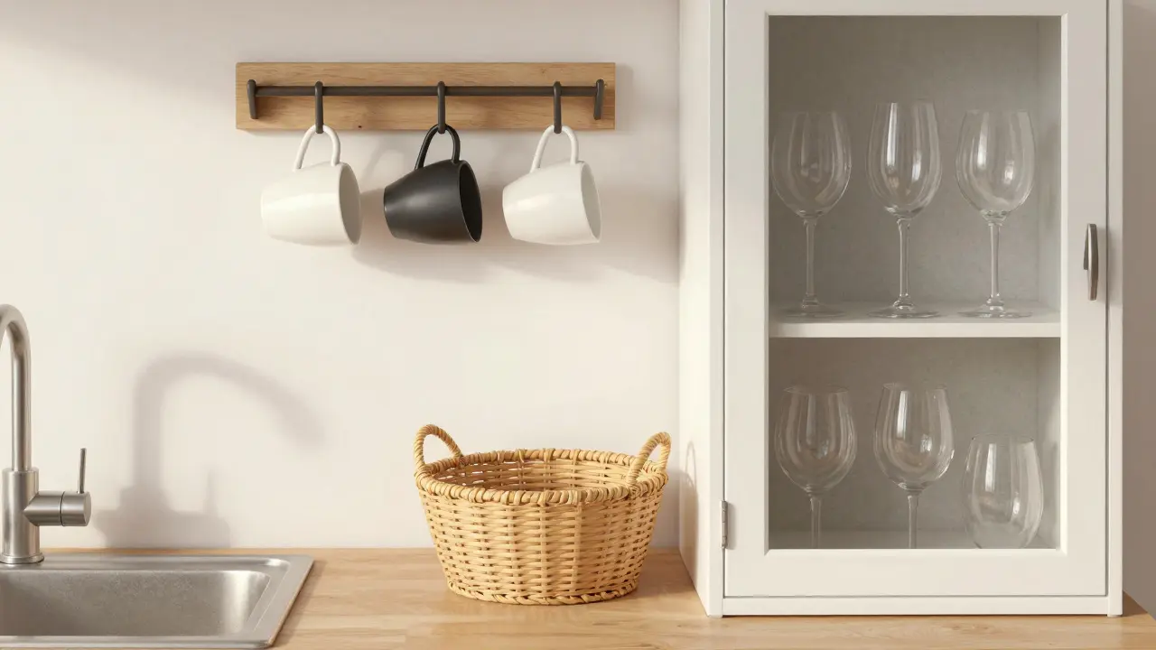 Ganchos en la pared para tazas y cesta colgante con vasos, en una cocina pequeña y funcional.