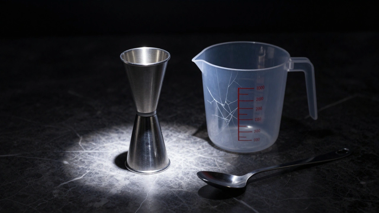 Jigger iluminado frente a un vaso de cocina y una cuchara, simbolizando precisión vs. adivinanza.