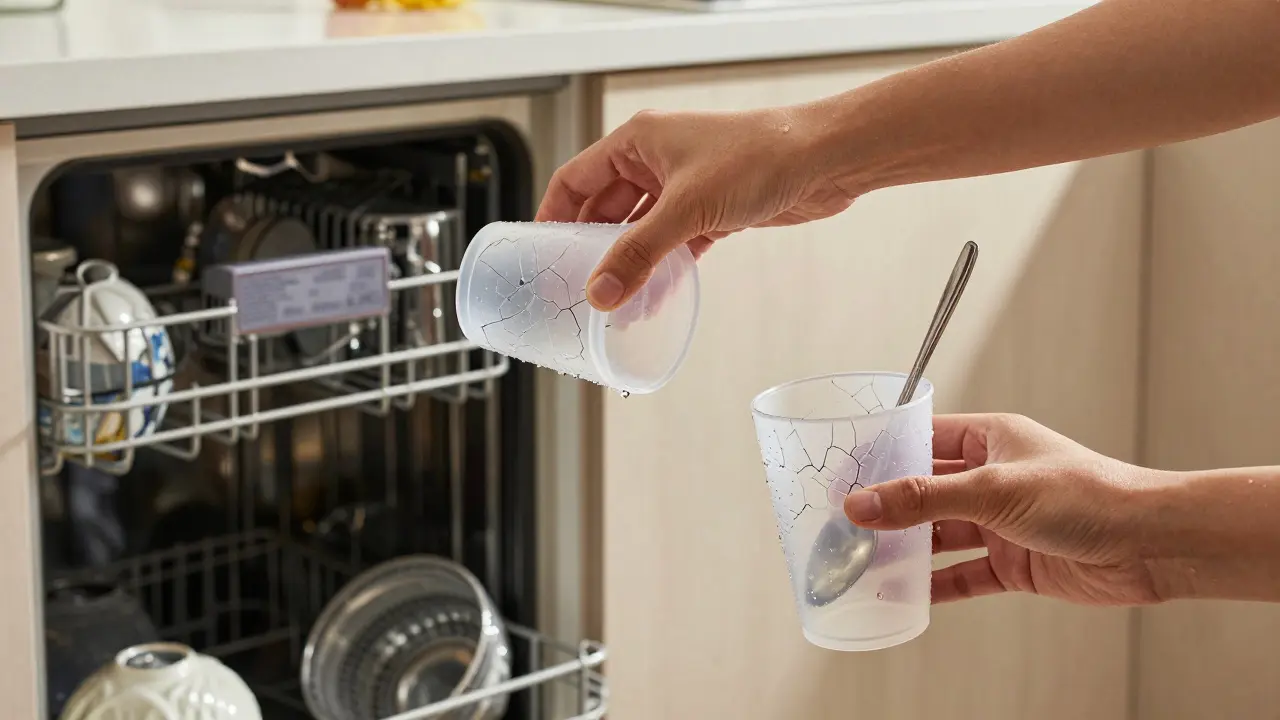 Mano colocando un vaso de polipropileno en el lavavajillas mientras se desecha uno roto de poliestireno.