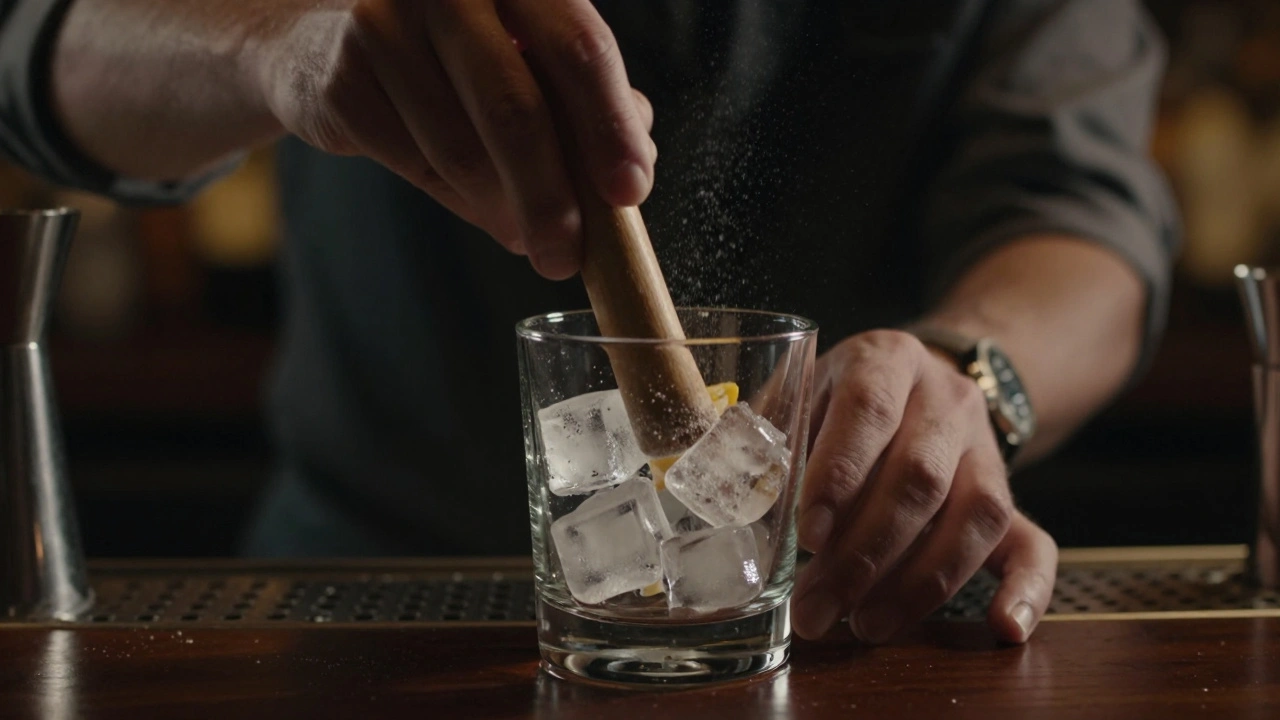 Mano de bartender machacando azúcar y bitters en un vaso tumbler con hielo.