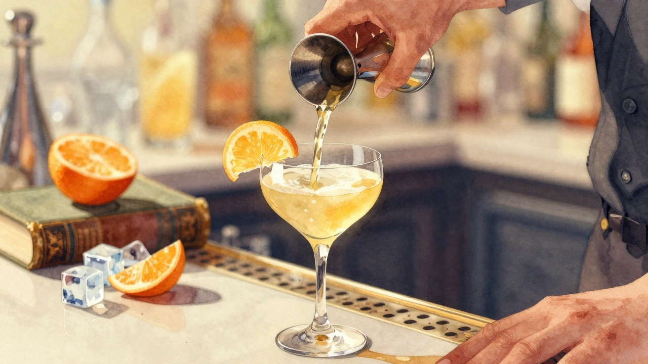 Mano de bartender vertiendo licor con precisión desde un jigger hacia un vaso de cóctel.