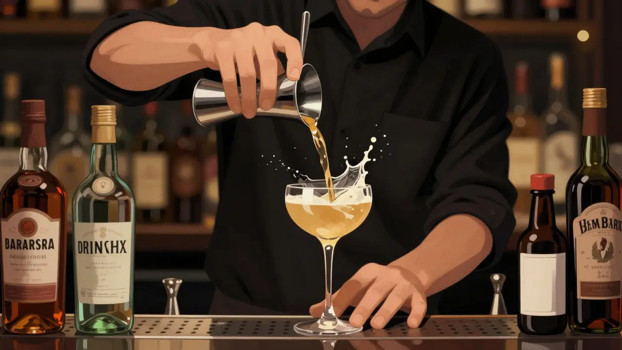 Mano de un bartender vertiendo con precisión desde un vaso medidor a un vaso de cóctel.