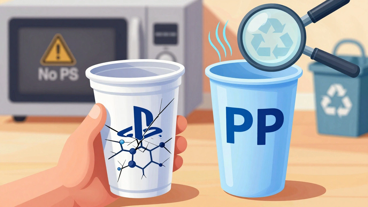 Mano sosteniendo un vaso de PS agrietado junto a uno de PP resistente, con una lupa que muestra estructuras moleculares.