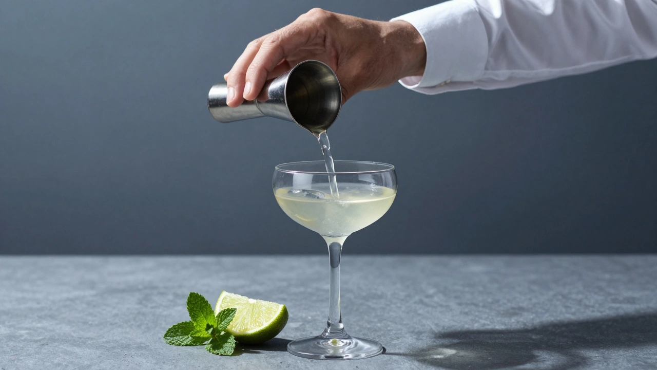 Mano vertiendo líquido con precisión desde un jigger hacia un vaso de cóctel.