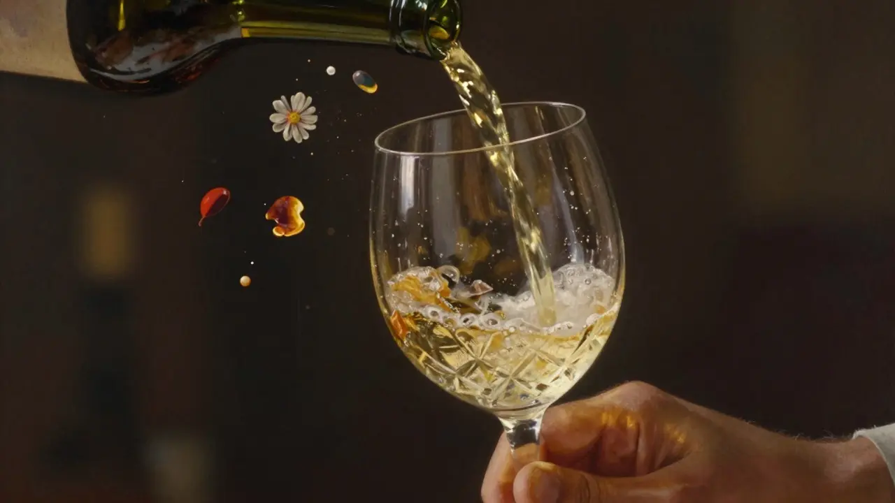 Mano vierte vino en copa de cristal soplado a mano, con partículas de aroma flotando alrededor.