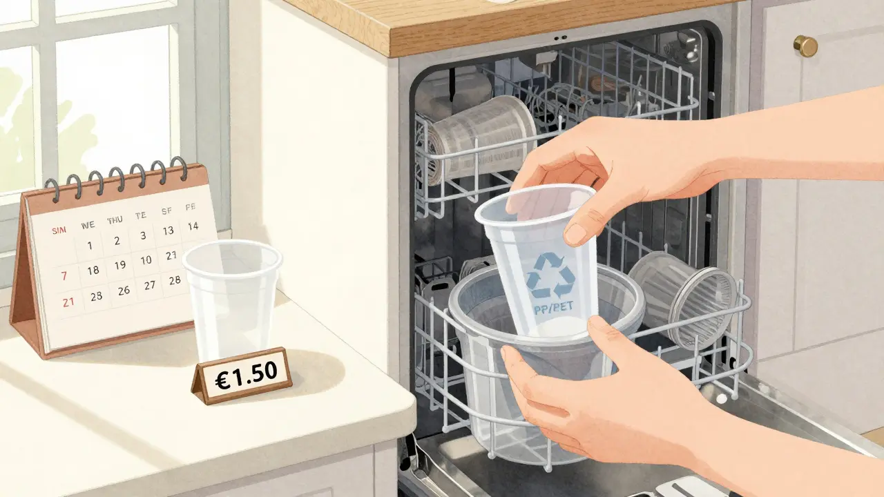 Manos colocando un vaso reutilizable en el lavavajillas junto a un desechable en el contenedor de reciclaje.