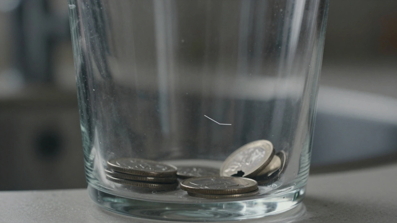 Moneda raspando suavemente la base de un vaso, dejando una rayita en el plástico pero no en el vidrio.