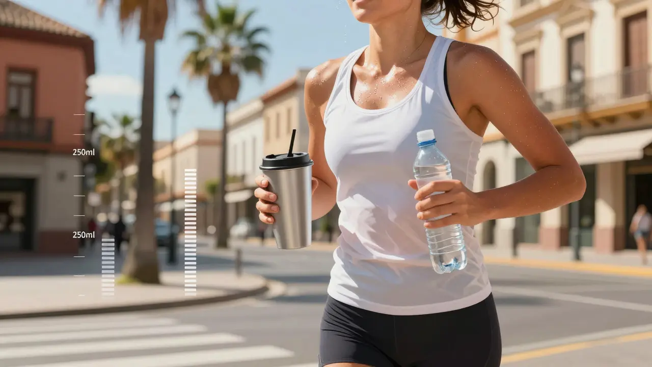 Persona corriendo en la calle bajo el sol, sosteniendo un vaso de plástico duro y una botella de agua en una ciudad española.